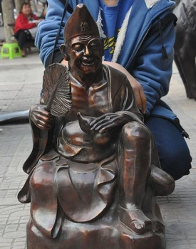 

27" Chinese Mythology Bronze Gourd Ji Gong Mad Monk God Shaman Statue Sculpture