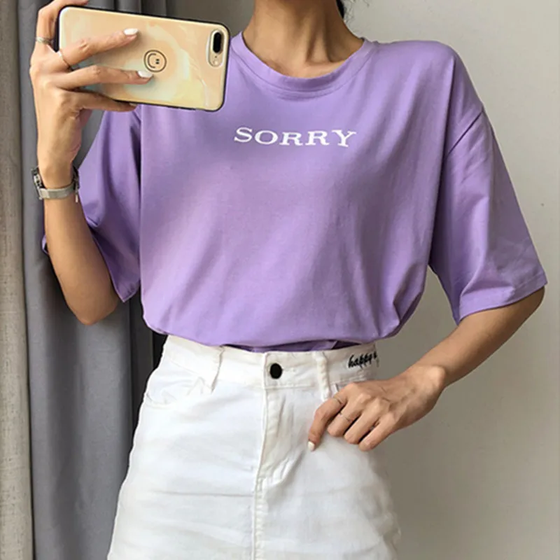 Летняя Корейская Повседневная Свободная фиолетовая футболка женская футболка с буквенным принтом женская футболка с коротким рукавом-A54