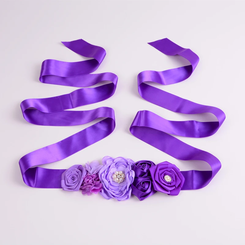 Purple Kids Flower Belt Girls Wedding Flower Girl Sash Belt for Dress Satin Rhinestone Maternity Sash Photo Prop Baby Shower