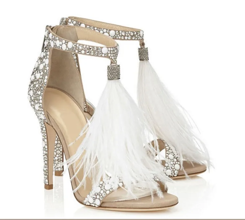 XingDeng/женские летние свадебные босоножки на молнии с кисточками; женская свадебная обувь на высоком каблуке; стразы; пикантные босоножки с ремешком на щиколотке и перьями