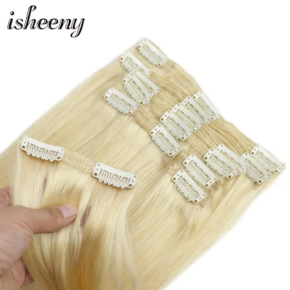 Isheeny Remy человеческие волосы на клипсах для наращивания волос 1"-20" 8 шт./компл. из двойной уточной нити бразильские волосы на заколках для наращивания на всю голову клип на комплект
