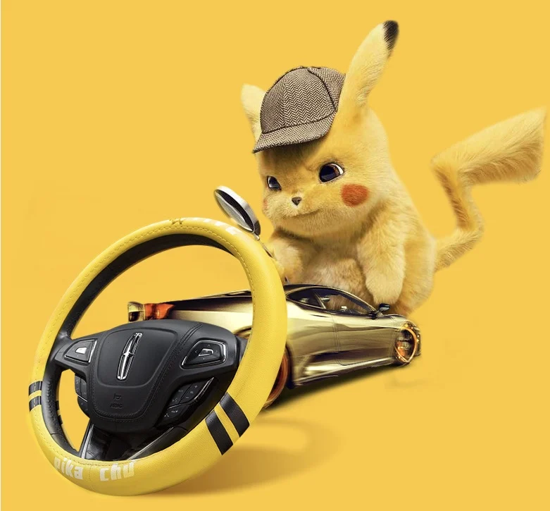 Pikachu напечатанный автомобильный чехол на руль для украшения интерьера автомобиля Мультяшные милые чехлы на руль из искусственной кожи 38 см
