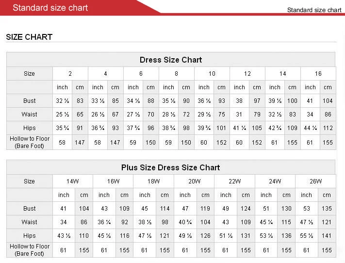 standard size chart