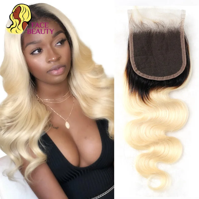 

Facebeauty Brazilian Body Wave 1B/613 Blonde Lace Closure 2 Tone Dark Root Remy Human Hair Closure Bleached Knots With Baby Hair