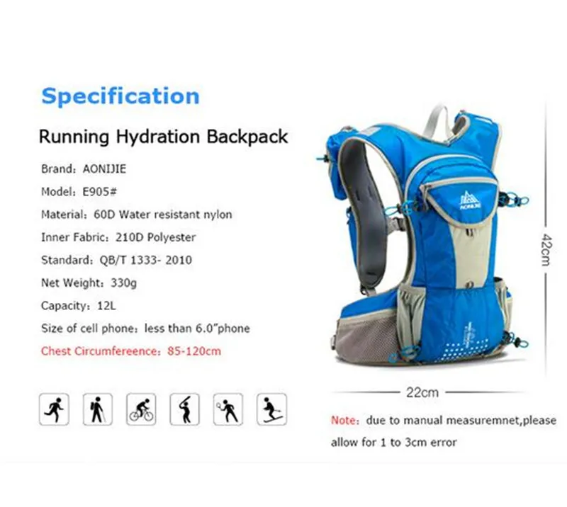 AONIJIE 12L Hydration Pack Backpack Rucksack Bag Vest Harness Water Bladder Hiking Camping Running Marathon Race Sports