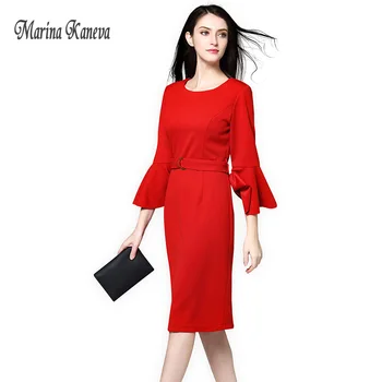 

Black/Red Vintage Dress Women Elegant Slim Dress with Belt Solid Party Dress OL Office Wear New Autumn Winter Long Robe Vestidos