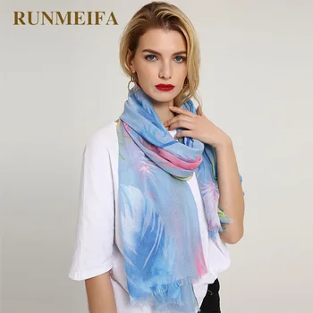 

[RUNMEIFA] 2018 New Fashion Women Scarf Multicolour Print Feather Pattern Shawl 80*180CM Long Design Ladies Summer Cotton Scarf