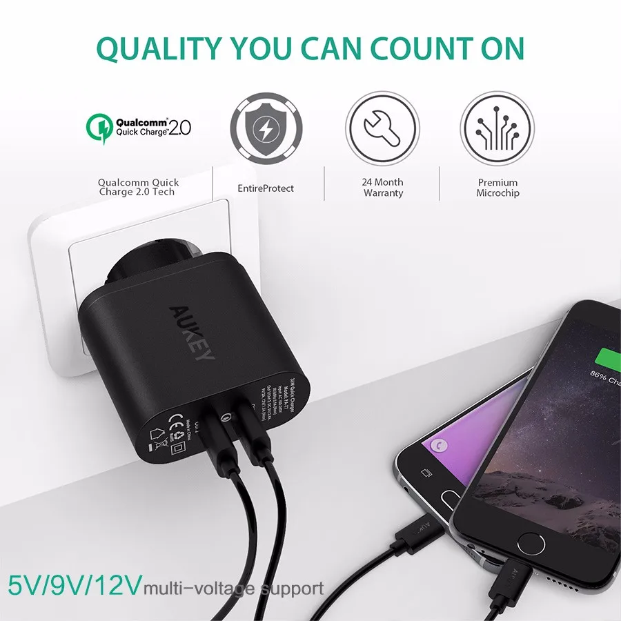 AUKEY 2 Порты быстрая Зарядное устройство 2,0 USB Smart стены заряда Адаптивная США ЕС штекер с 2 Micro USB кабель для передачи данных для sony LG iPhone Xiaomi