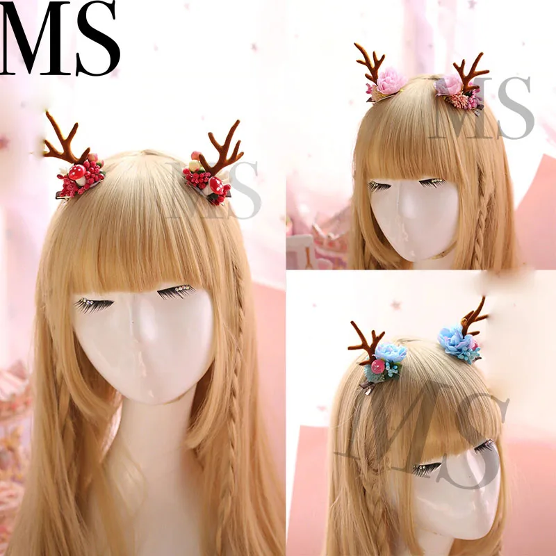 

Kawaii Lolita Girl Japanese Antlers Flowers Design Headwear Christmas Party Women's Cute Side Clip Hair Accessories 3Colors