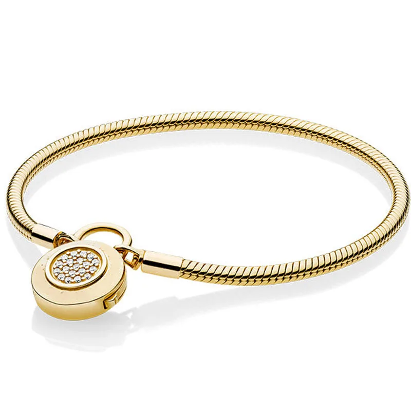 

925 Sterling Silver Bracelet Gold Color Logo Signature Padlock Smooth Snake Bracelet Bangle Fit Bead Charm DIY Pandora Jewelry