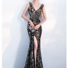 SOLOVEDRESS двойной V шеи V Назад Русалка вечернее платье с блестками с высоким разрезом мягкая ткань без рукавов Bodycon Формальное платье E712