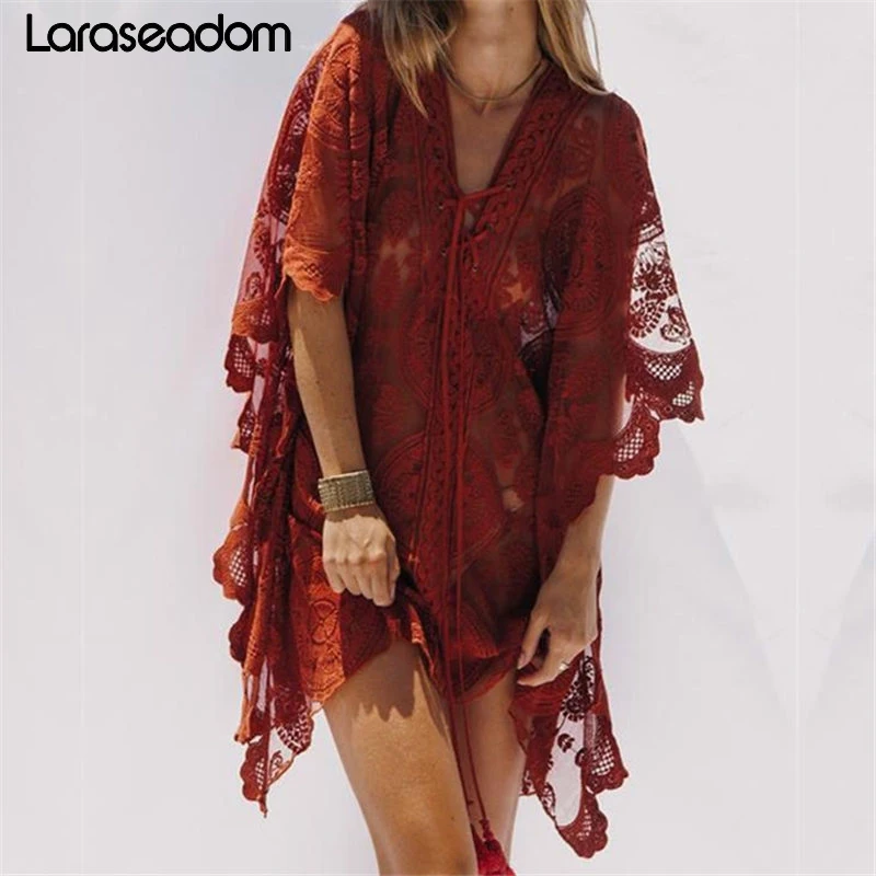 

2019 Lace Beach Pareo Beachwear Swim suit Cover up Playa Pareo Tunics for Beach Tunic Swimwear Women Lace Beach Dress #Z270