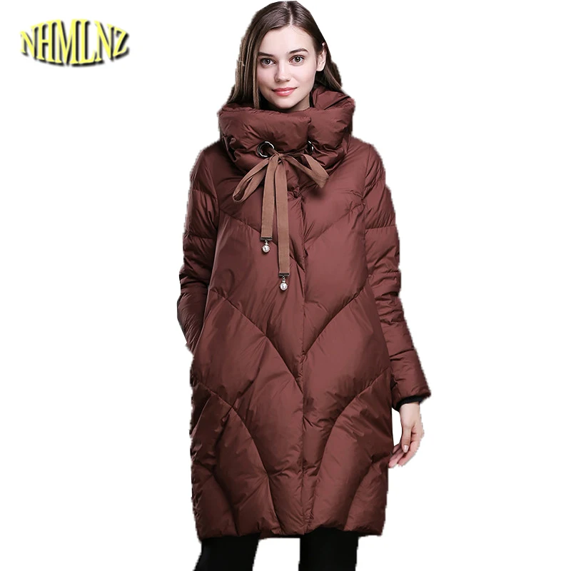 

Solid Long Down Jacket Women 2019 Autumn Winter Loose Jacket 90% White duck down Stand neck Long sleeve Warm Coat Female DAN198