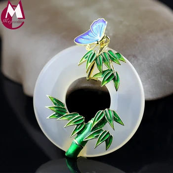 

2018 New Round White Chalcedony Enamel Plant Bamboo Leaves Lotus Flower Women Jewelry 925 Sterling Silver Necklaces Pendants