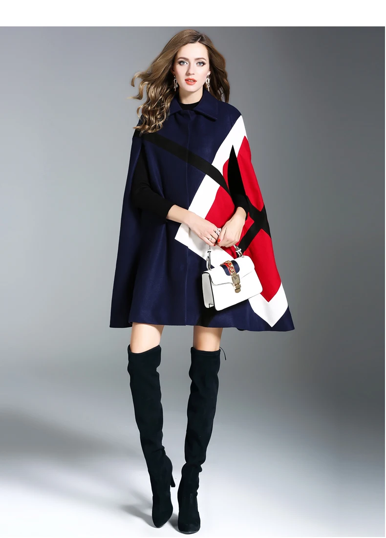 D'hiver Ponchos Survêtement Motif Manches Veste Noir Nouvelle De Laine Chauve Géométrique marine Chaud Mélanges 2018 Femmes souris Bleu Mode Cape Manteau wTc6BqI6