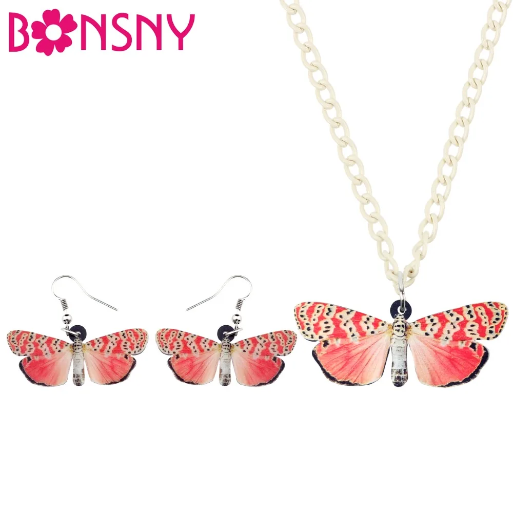 Bonsny Acrylic Pink Spotted Butterfly Insect Earrings Necklace Collar Chain Fashion Jewelry Sets For Women Girls Ladies Kid Gift | Украшения
