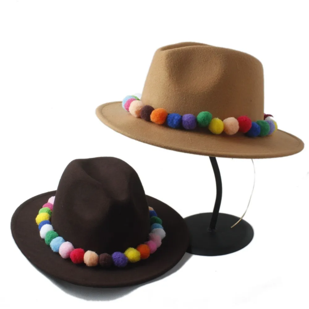 Новая модная женская шерстяная фетровая шляпа-федора с милыми цветными шариками, Дамская Гангстерская кепка, шапка, Панамы, шляпы тока сомбреро, Кепка