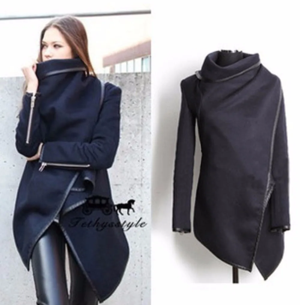 Goedkoop Vrouw hoge kwaliteit slanke onregelmatige wollen overjas elegante slanke lange mouwen rits winterjassen multicolor lange uitloper Plus size