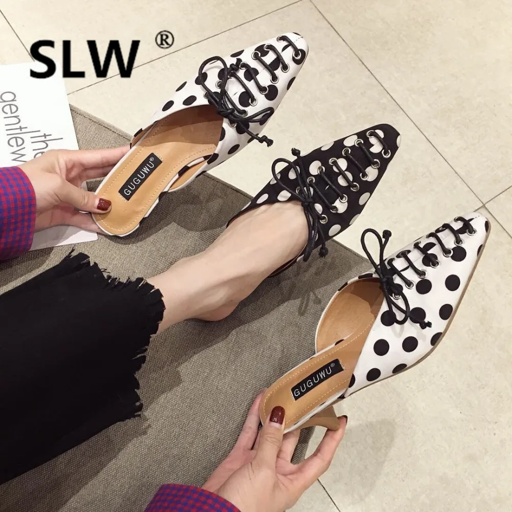 

2019 summer new polka dot outdoor slides female fashion shallow mouth single shoes women high heel platform slippers women
