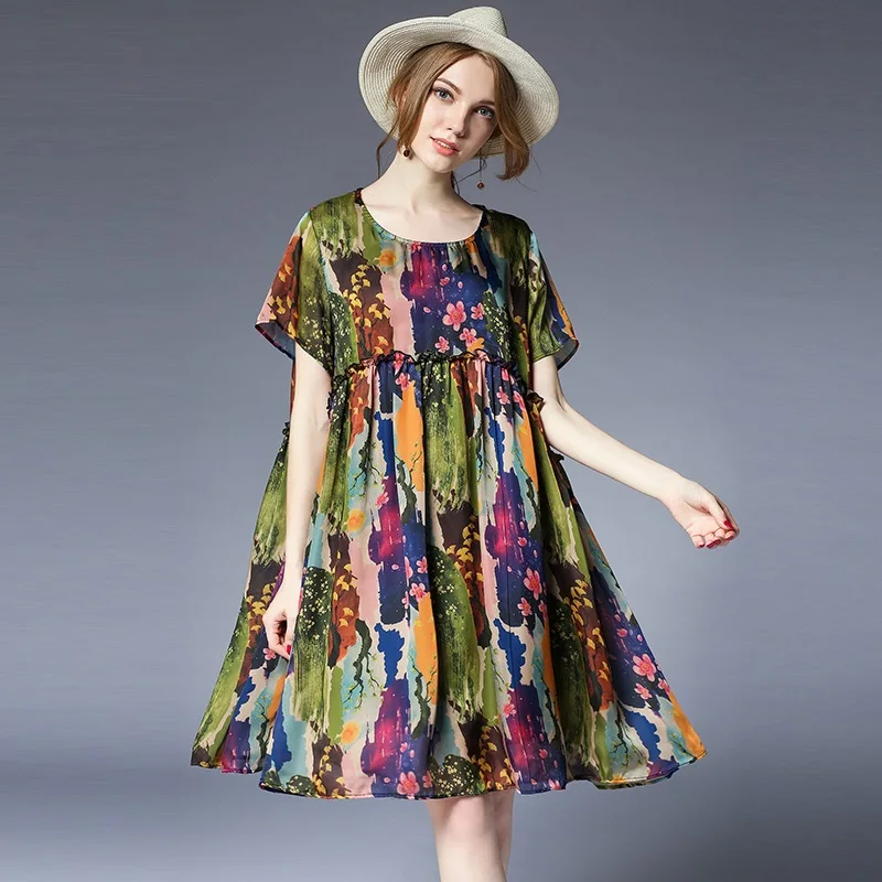 2018New Summer Fashion ladies Plus size elegant loose FIT floral Dress empire flare dress