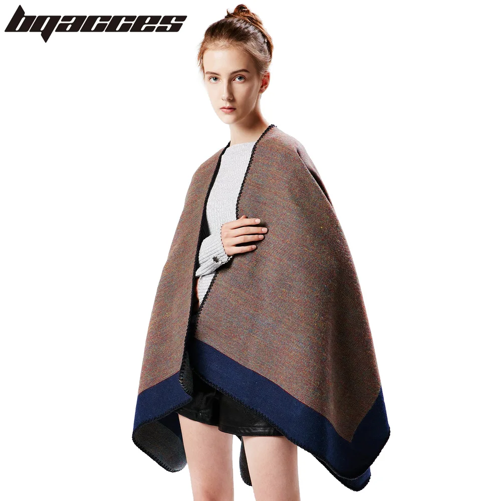 

[BQACCES] Multicolor Pinstripe Cashmere Feel Blanket Cape Scarves Women Winter Thick Warm Poncho Lady Pashmina Scarf Shawls Coat