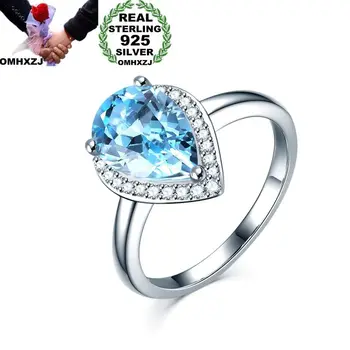

OMHXZJ Wholesale European Fashion Woman Man Party Wedding Gift Water Drop Light Blue AAA Zircon 925 Sterling Silver Ring RR427