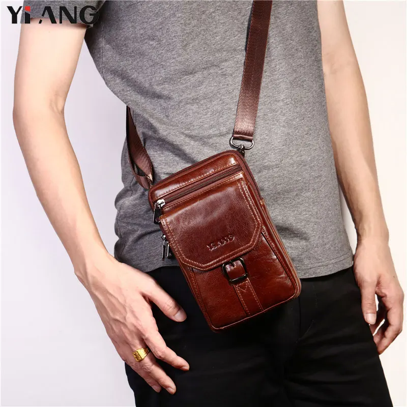 

2018 NEW YIANG Fashion Brand Men Genuine Leather Single Cross body Bags Business Casual Waist Packs Male Travel Shoulder Bags