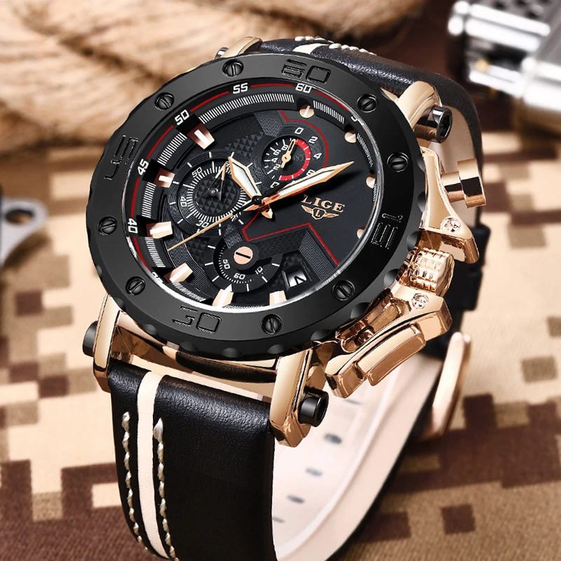Lige New Fashion Mens Watches Top Brand Luxury Big Dial Military Quartz Watch Leather Waterproo-4