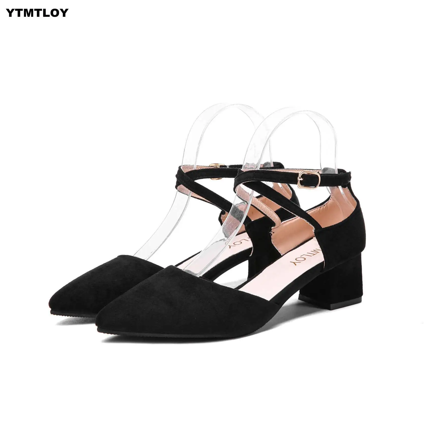 Обувь женские летние туфли-лодочки женские туфли с пряжкой на Высоком толстом каблуке 4,5 см, с перекрестной шнуровкой - Цвет: Black