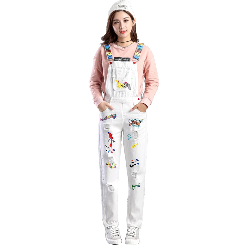 Spring Autumn Black Denim jumpsuit women White Denim overalls Ladies Hole Embroidery Letter rompers playsuit Summer 2020