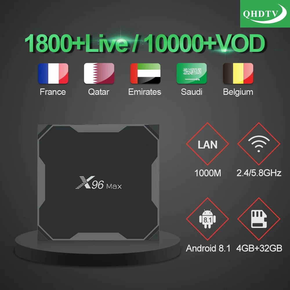 

X96 MAX Tv Box 4GB 32GB Android 8.1 S905X2 With QHDTV 1 Year Code Iptv Subscription French Arabic Morocco Belgium Netherlands