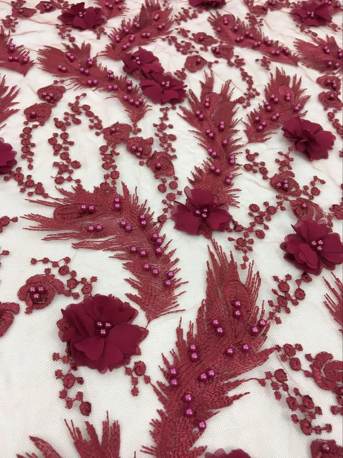 

3D Flower Lace Fabric With Pearl Handmade Lace Fabric For Bridal Dress And Evening Dress Newes Beaded Lace Fabric
