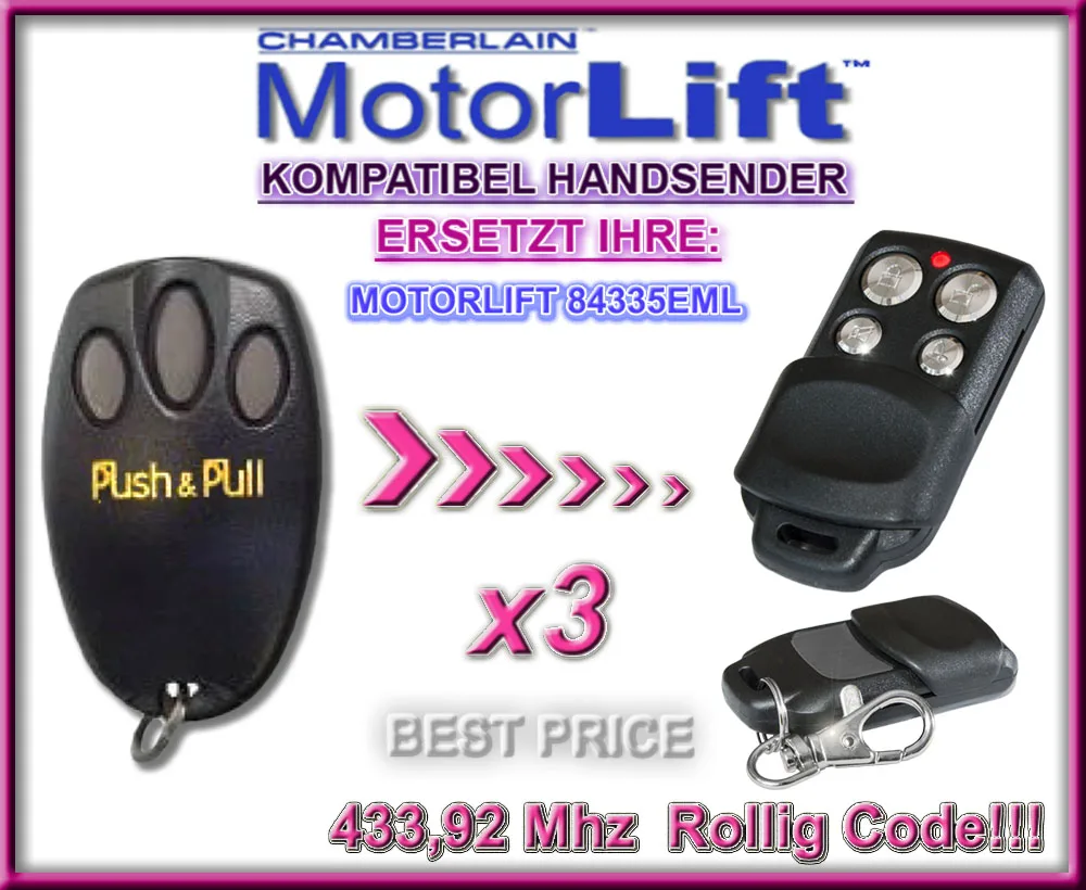 

3PCS For Motorlift 84335EML Compatible Replacement Garage Door Remote Control Rolling Code 433MHZ