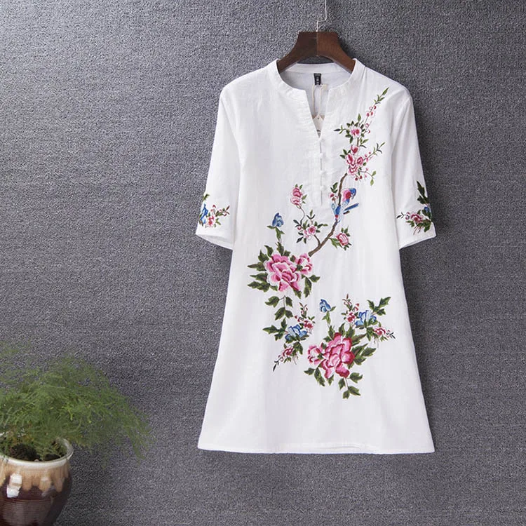 Новое поступление винтажное летнее платье женские платья размера плюс Цветочная вышивка платье vestidos verano женская одежда 4xl 5xl - Цвет: White