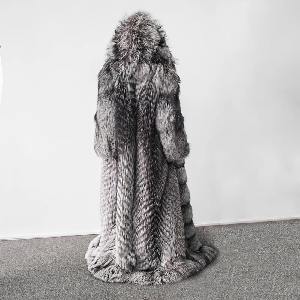 Женская шуба из натурального Лисьего меха с меховым капюшоном 160 см X-Long роскошная женская куртка в полоску с мехом серебристой лисы плотное зимнее пальто