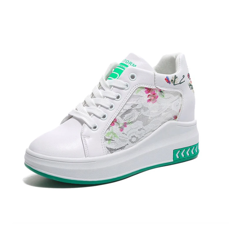 

Women Casual Shoes Nice Summer Mesh+Leather Shoes Woman Flats Fashion Embroidery Platform Increase Breathable Women Sneakers