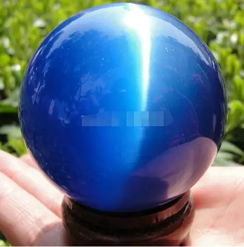 YM  304    Hot Sell ASIAN QUARTZ DEEP BLUE CAT EYE CRYSTAL BALL SPHERE 60MM + STAND 4