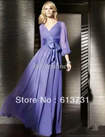 Wholesale - 2013 Purple Blue New Sexy V neck Long Sleeves Chiffon Floor Length Mother of the Bride Dresses MOD05