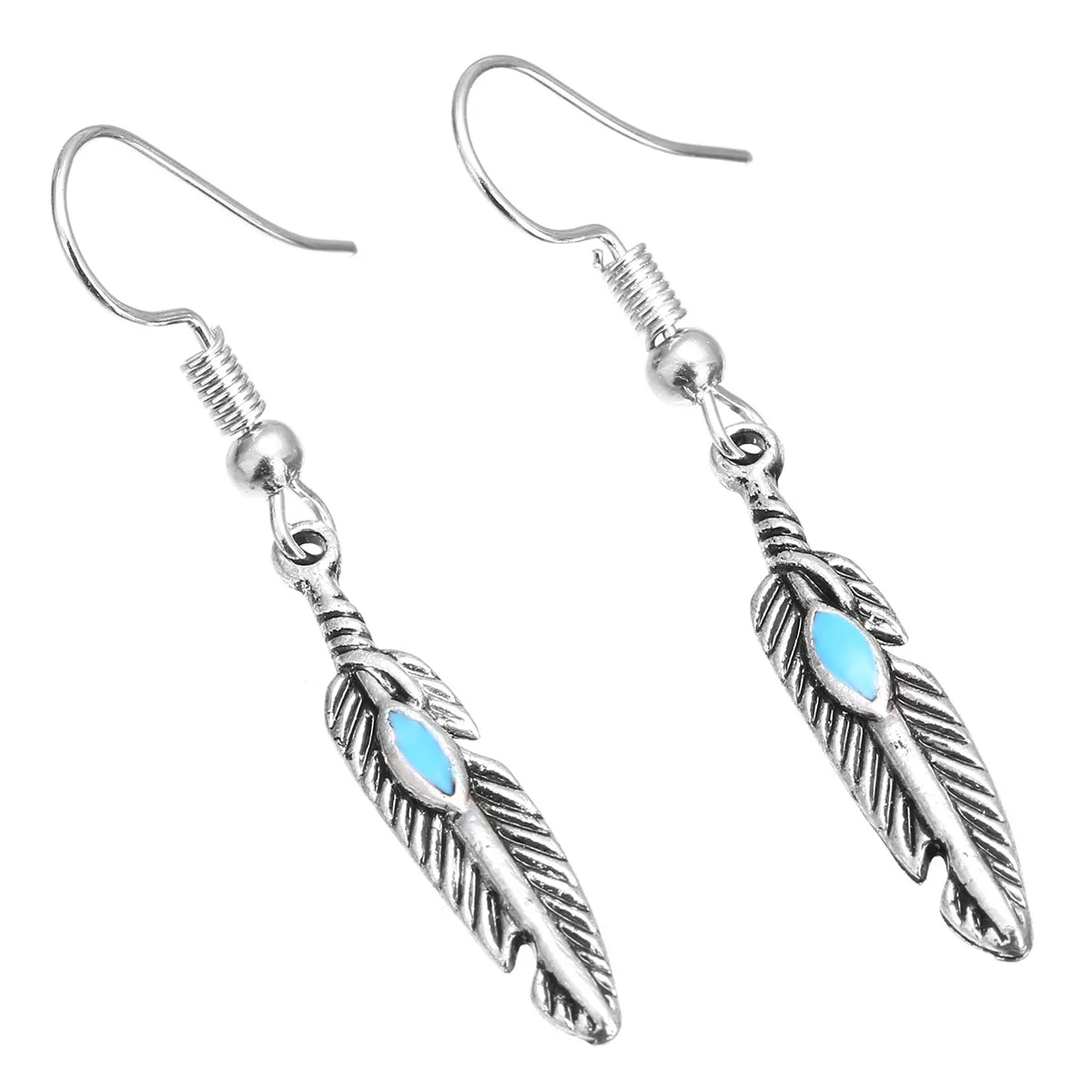 Retro Tribal Ethnic Natural Stone Feather Eardrop Dangle Drop Earring Antique Silver Leaves Long Earring Charm Wedding Jewelry