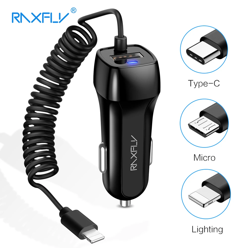

RAXFLY USB Car Charger Free Lighting Micro USB Type C Cable Car Charging For iPhone X 8 7 Plus Car USB Adapter For Samsung S9 S8