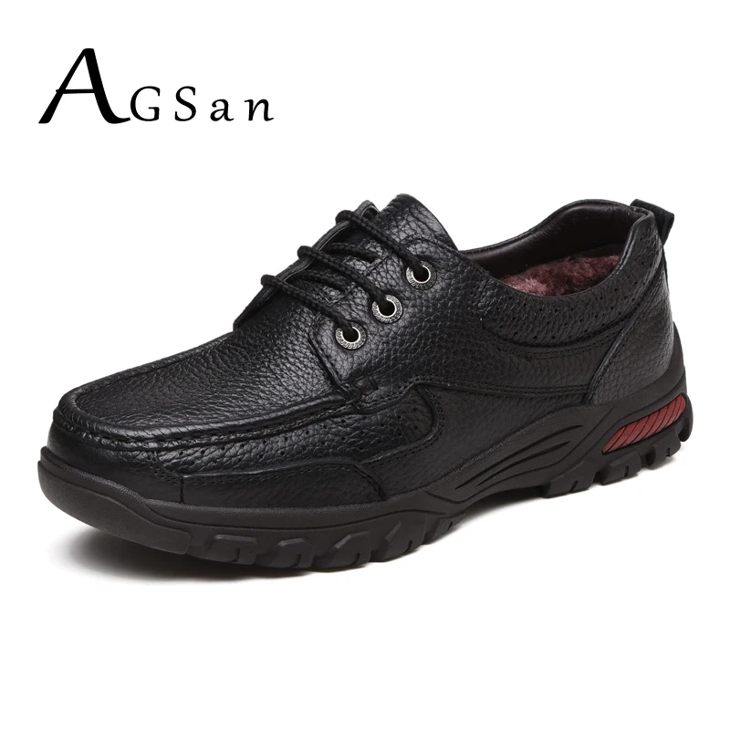 

AGSan Winter Plush Men Genuine Leather Shoes Lace Up Gentlemen Shoes Big Size 38-48 Leather Casual Shoes Men Black Brown Flats