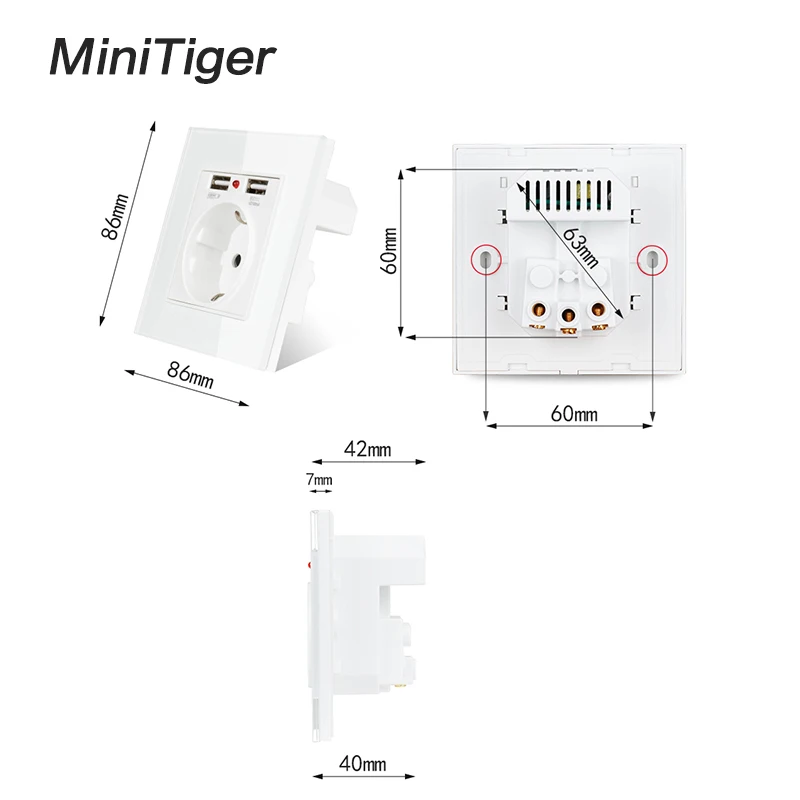 Minitiger белая Хрустальная стеклянная панель двойной usb зарядный порт 2.1A 16A Россия Испания USB настенная розетка ЕС розетка