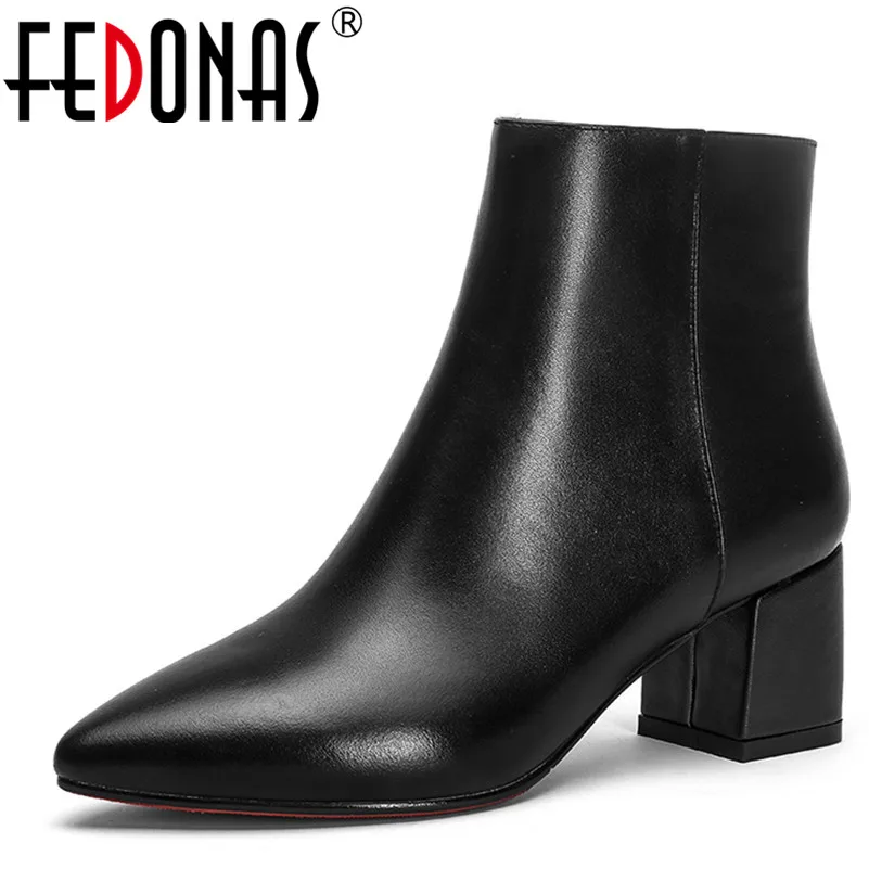 

FEDONAS Women Ankle Boots Soft Genuine Leather Thick High Heel Ankle Boots Winter Autumn Warm Pointed Toe Ladies Shoes Woman