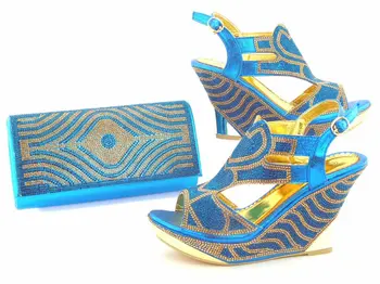

Beautiful sky blue women pumps and bag with rhinestone african shoes match handbag set for dress V7