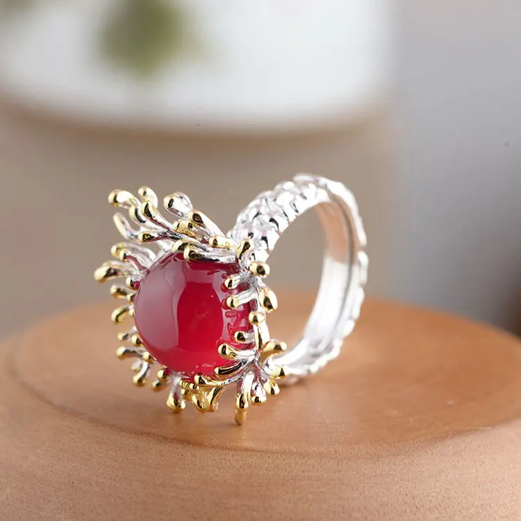 FNJ 925 серебро себе кольцо синтетические красный камень корунд реального S925 стерлингов Серебряные кольца для Для женщин ювелирные изделия Регулируемая Размеры