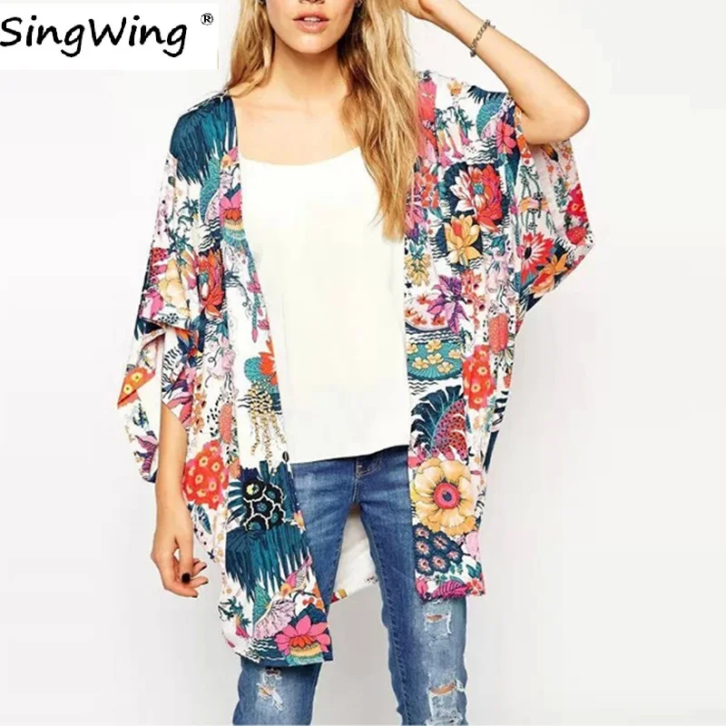 

Singwing Women Summer Kimono Women Print Floral Blouses Loose Type Chiffon Kimonos Regular Floral Printed bohemian Blouse
