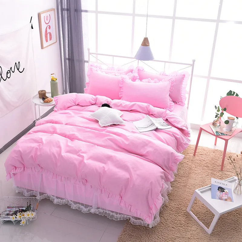 

Luxurious Princess Pleated Lace pink Bedding Sets Queen King Soft Bed Skirt Duvet Cover Pillowcases 4pcs bed girls Home Textiles