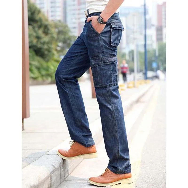 2015 New Long Pants Men Jeans Denim Trousers Mens Fashion Pants Relaxed Straight With Many Pockets Plus Size 29-42
