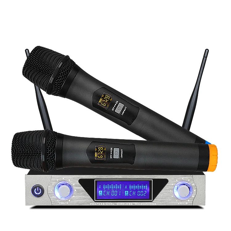 UHF 2 قنوات ميكروفون لاسلكي نظام مو-868 مع شاشة الكريستال السائل ل في الهواء الطلق الزفاف مؤتمر كاريوكي العارض الأسرة KTV