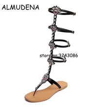 Женские пикантные сандалии до колена в богемном стиле со стразами летние высокие сапоги с пряжкой и ремешком, украшенные кристаллами и вырезами обувь на высоком каблуке